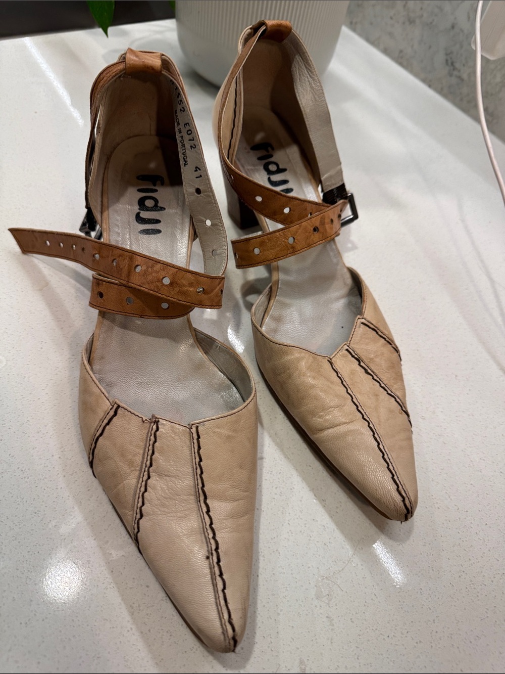 Designed in Portugal Beige Leather Ankle-Strap Heels with Contrast Tan St